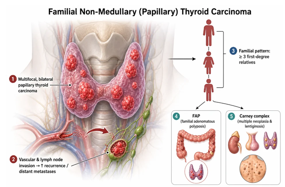 Labelled illustration of familial non-medullary papillary thyroid carcinoma, generated from the note beside it